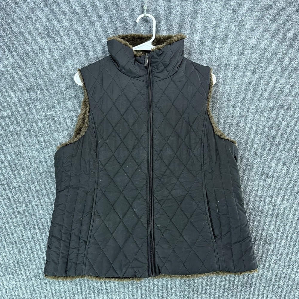 Weatherproof Reversible Quilted Faux Fur Vest Black Brown Large Fall Winter Cozy